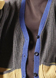 Women Dark Grey Pockets Colorblock Button Fall Sweater Jackets - SooLinen