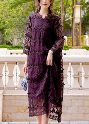 Women Dark Purple Embroidered Hollow Out Organza Long Dress Spring