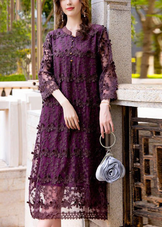 Women Dark Purple Embroidered Hollow Out Organza Long Dress Spring