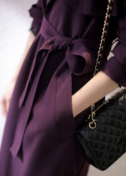 Women Dark Purple Notched Pockets Trench Coats Long Sleeve