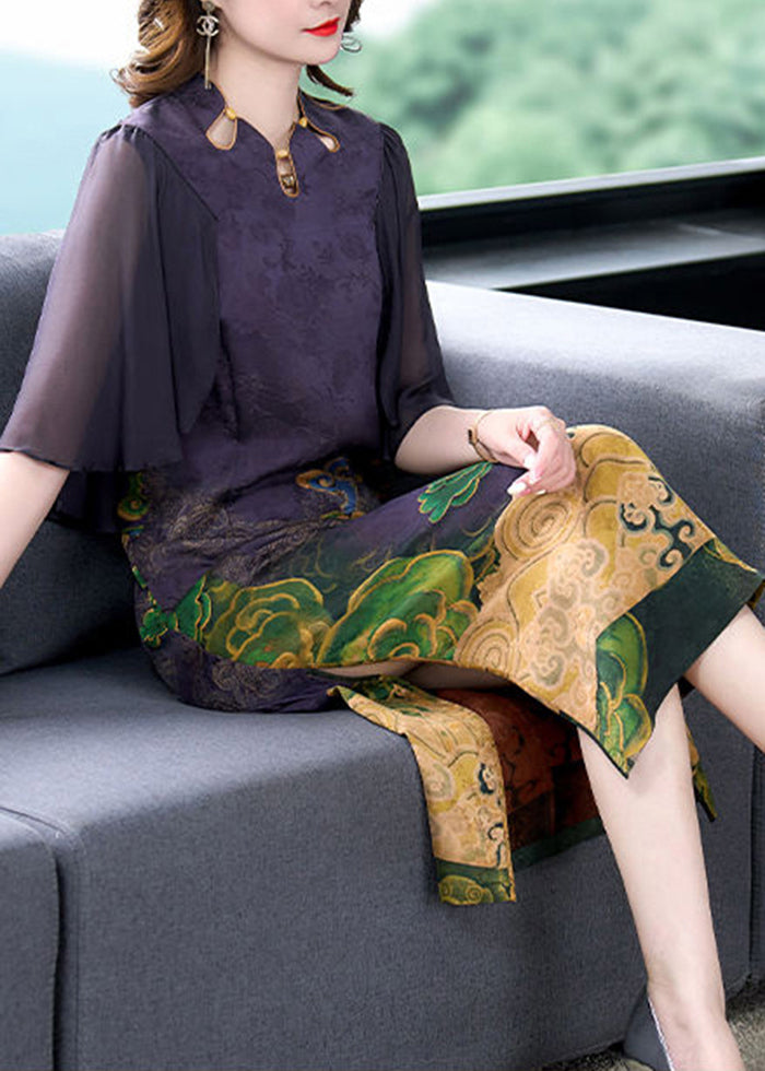 Women Dark Purple Print Side Open Slim Fit Silk Dress Cloak Sleeves