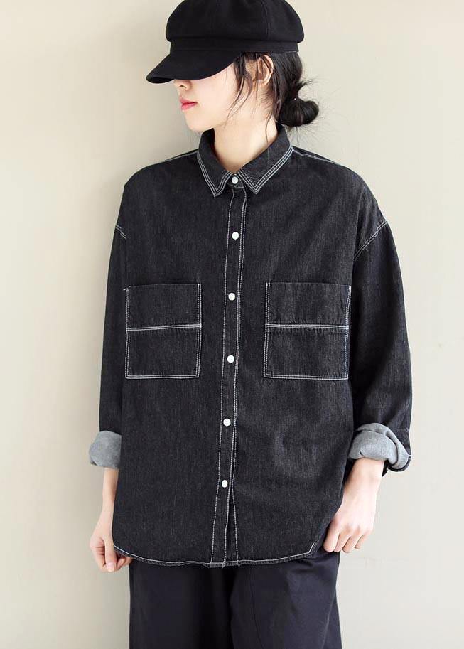 Women Denim Black Top Silhouette Lapel Pockets Vestidos De Lino Spring Shirts - SooLinen
