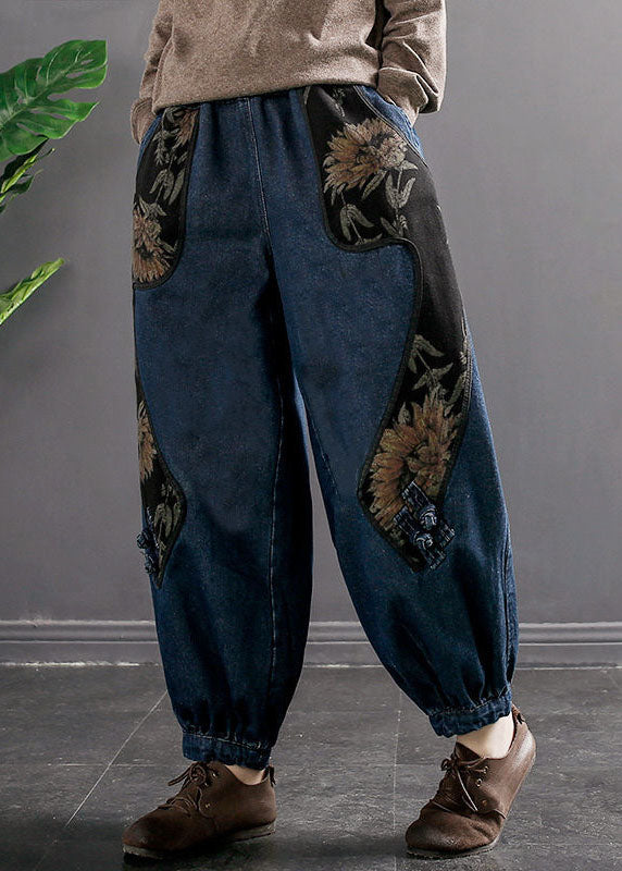 Women Denim Blue Elastic Waist Embroidered Pockets Cotton Harem Pants Spring
