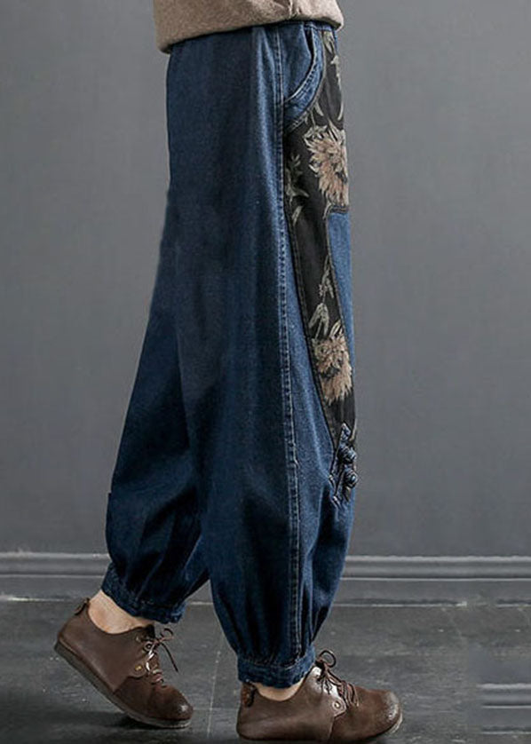 Women Denim Blue Elastic Waist Embroidered Pockets Cotton Harem Pants Spring
