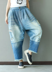 Women Denim Blue Elastic Waist Oversized Patchwork Cotton Harem Pants Ripped Jeans Spring