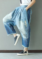 Women Denim Blue Elastic Waist Oversized Patchwork Cotton Harem Pants Ripped Jeans Spring