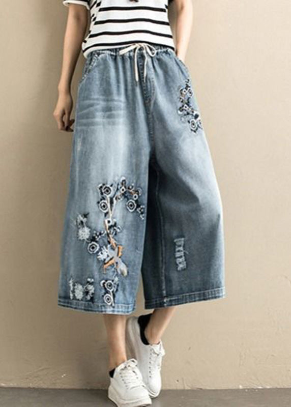Women Denim Blue Embroidered Tie Waist Wide Leg Pants Summer