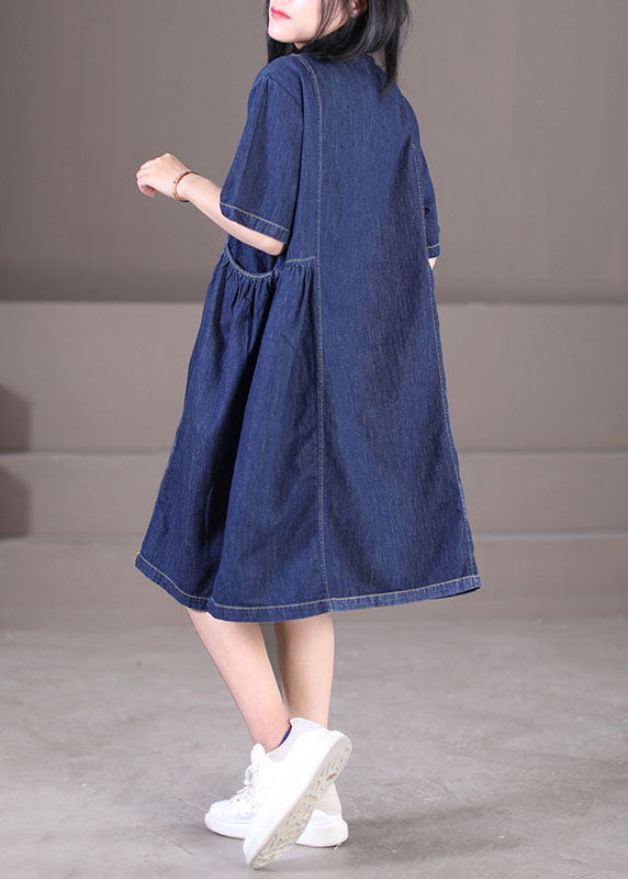 Damen Denim Blue Bubikragen Falten Taschen Baumwolle Robe Kleider Kurzarm