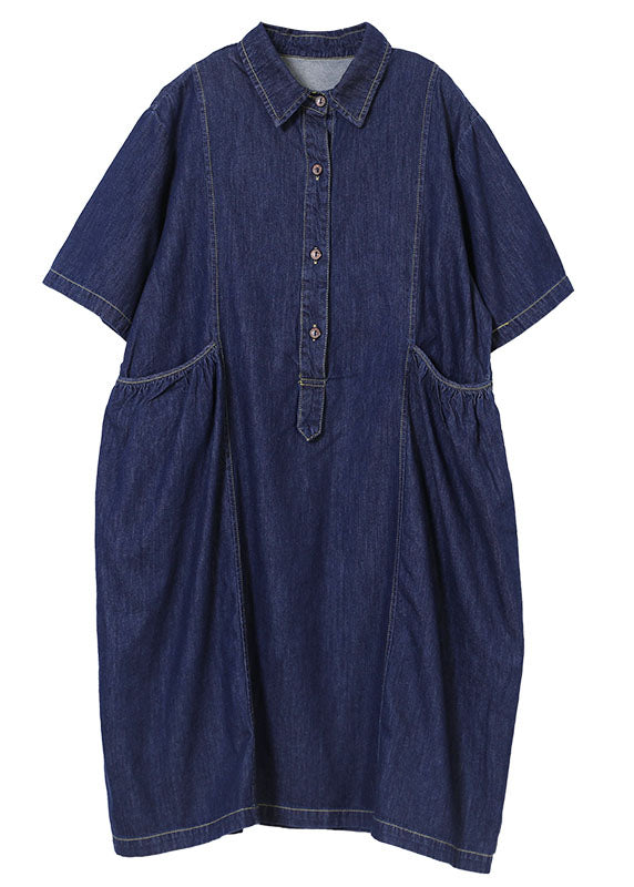 Damen Denim Blue Bubikragen Falten Taschen Baumwolle Robe Kleider Kurzarm
