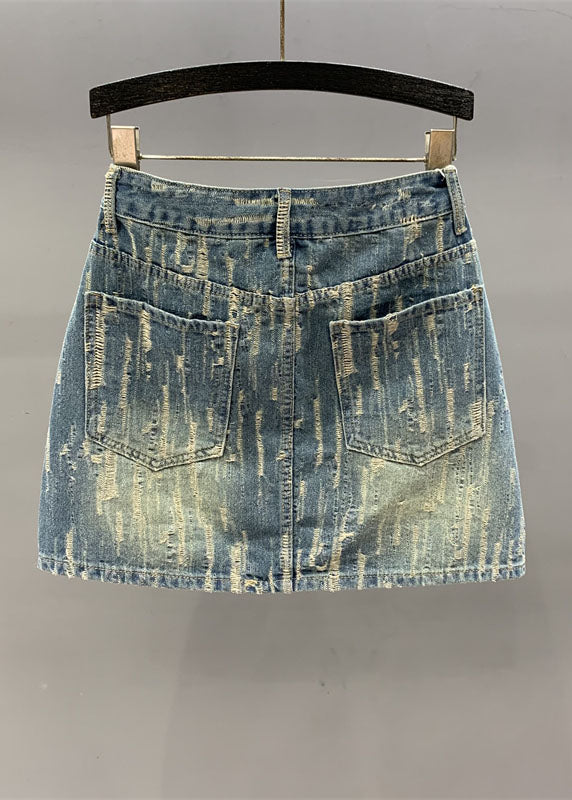 Women Denim Blue Pockets Patchwork High Waist Cotton A Line Skirt