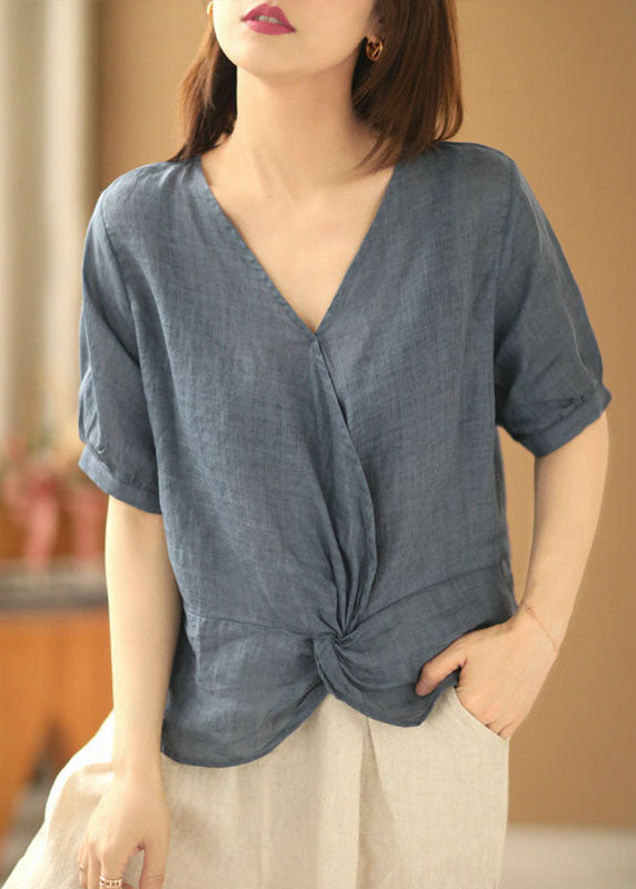 Women Denim Blue V Neck Asymmetrical Design Linen Blouses Short Sleeve