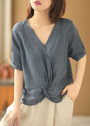 Women Denim Blue V Neck Asymmetrical Design Linen Blouses Short Sleeve