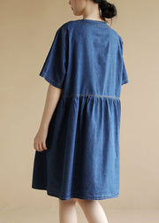 Women Denim Blue V Neck Pockets Cotton A Line Dress Short Sleeve