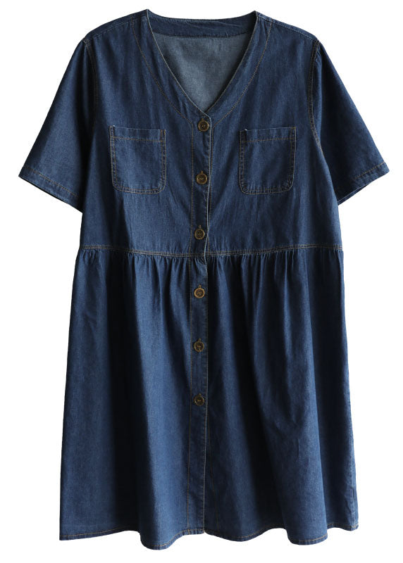Damen Denim Blau V-Ausschnitt Taschen Baumwolle A-Linie Kleid Kurzarm