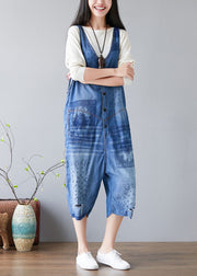Women Denim Blue V Neck Print Cotton Jumpsuits Ripped Jeans Spring