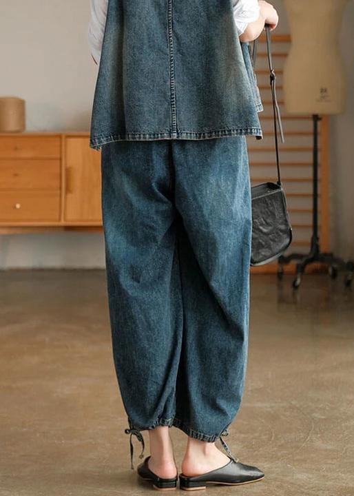 Women Denim Drawstring Pocket Wide Leg Jeans - SooLinen