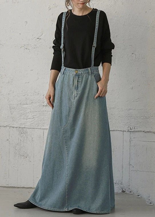 Women Denim Light Blue Buttons Zipper Side Pockets Ankle Length Casual Skirts