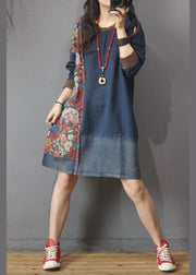 Women Denim Patchwork Cotton Dress Print Summer Long Dress - SooLinen