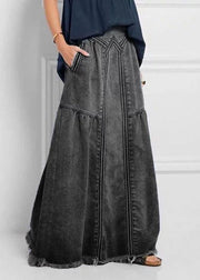 Women Distressed Solid Color Elastic Waist Loose Denim Skirt With Pocket - SooLinen