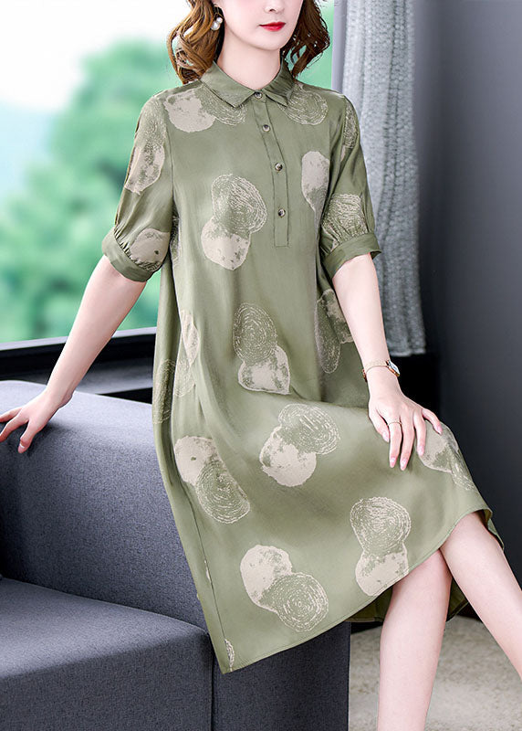 Women Dousha Green Peter Pan Collar Print Patchwork Silk Dresses Summer