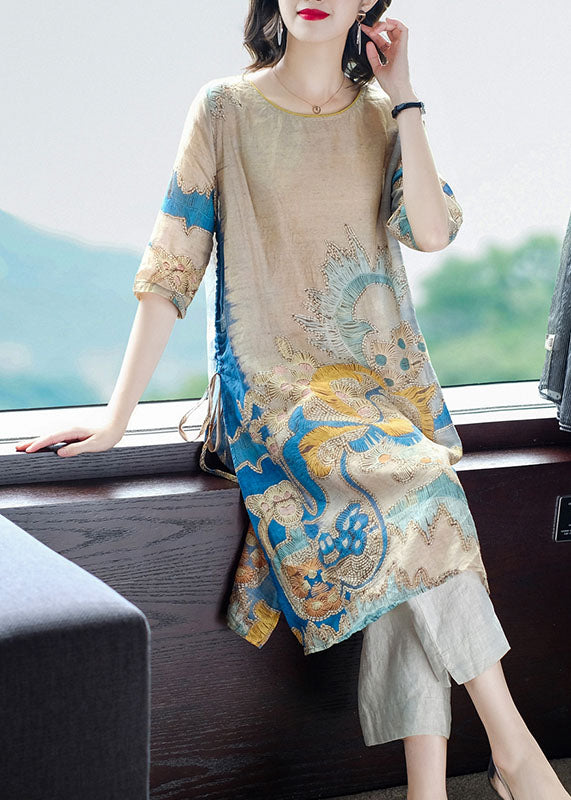 Women Drawstring Side Open Print Linen Long Tops Half Sleeve