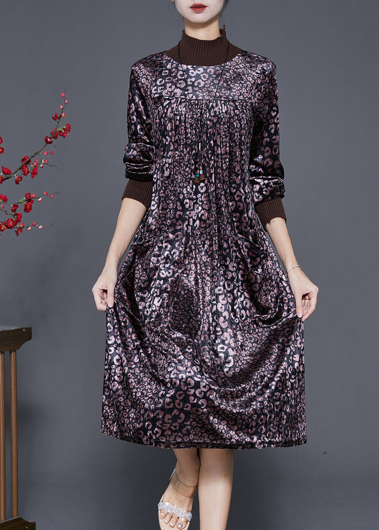 Women Dull Purple High Neck Print Silk Velour Dress Spring