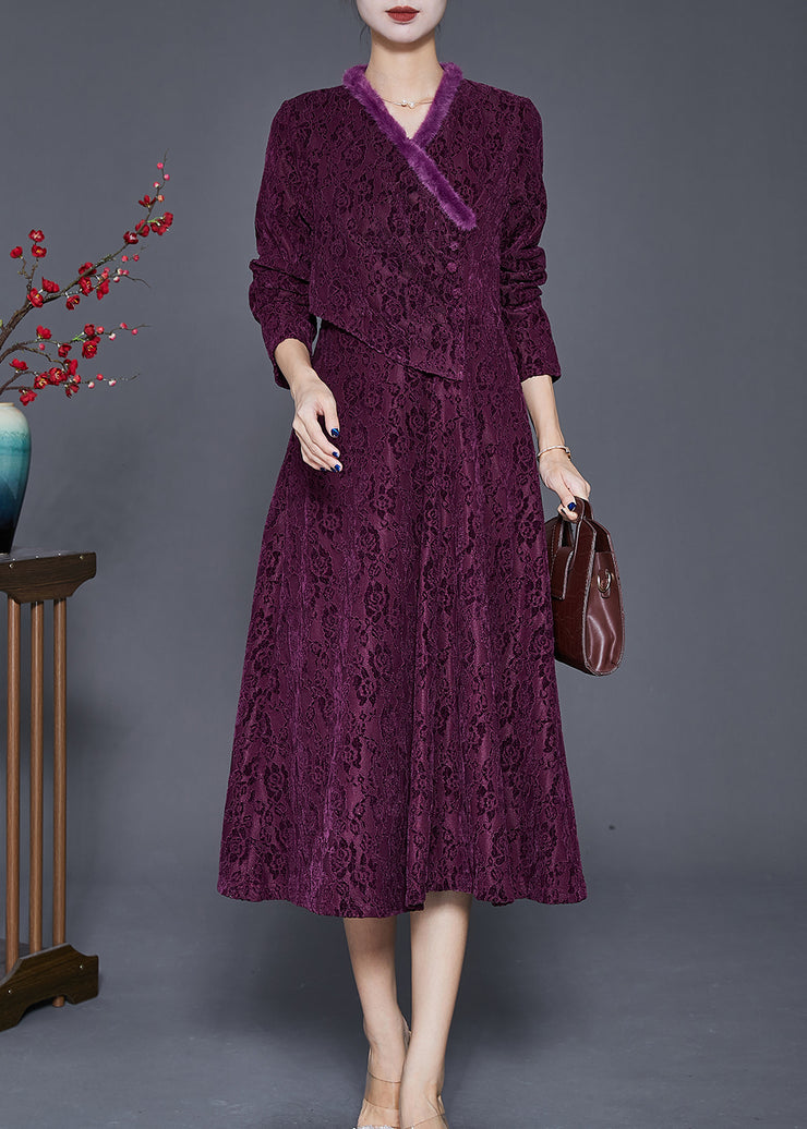 Women Dull Purple Jacquard Slim Fit Warm Fleece Dresses Winter