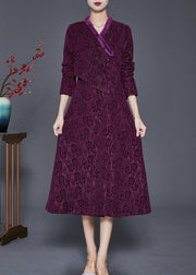 Women Dull Purple Jacquard Slim Fit Warm Fleece Dresses Winter