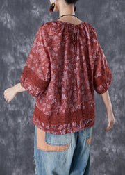 Women Dull Red Print Patchwork Hollow Out Linen Shirt Top Half Sleeve