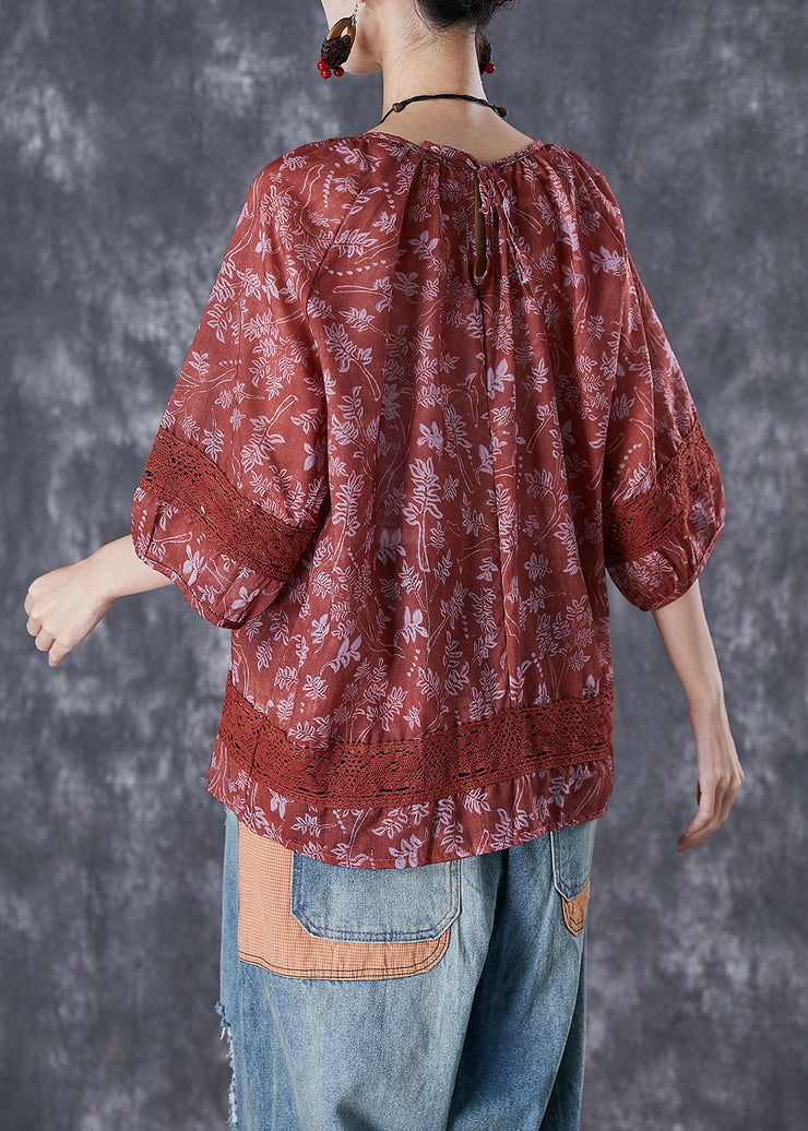 Women Dull Red Print Patchwork Hollow Out Linen Shirt Top Half Sleeve