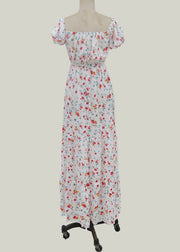 Women Elastic Square Collar Floral Print Holiday Casual Floor Maxi Dress With Belt White