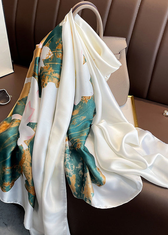 Women Elegant White Lotus Print Versatile Silk Scarf