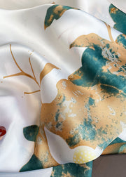 Women Elegant White Lotus Print Versatile Silk Scarf
