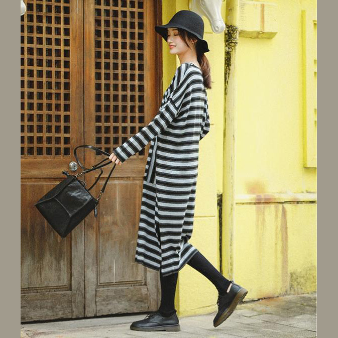 Women Fashion Gray Striped Loose Sweater Dresses For Winter
