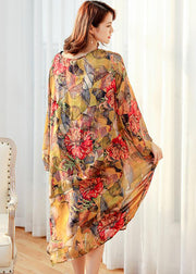 Women Floral Loose Polyester Split Vintage Midi Dress