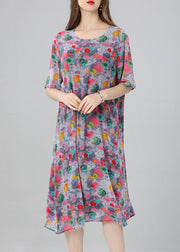 Women Floral O Neck Print Patchwork Chiffon Dress Summer