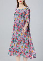Women Floral O Neck Print Patchwork Chiffon Dress Summer