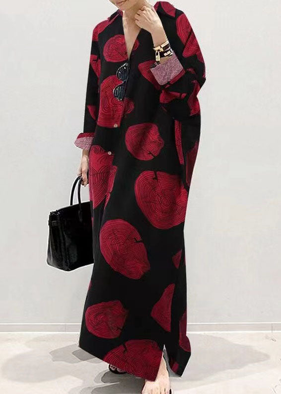 Women Floral Printing Casual Loose Long Sleeve Button Maxi Shirt Dress With Pocket