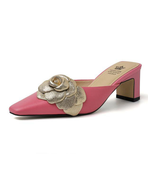 Women Floral Splicing High Heel Slide Sandals Pink Sheepskin