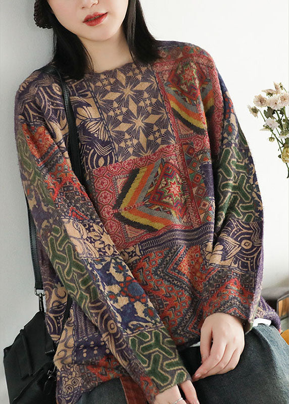 Geometrisches Muster für Frauen, lockerer O-Neck-Print, orientalischer Herbst-Strickpullover