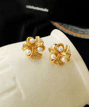 Women Gold Copper Pearl Glass Stud Earrings