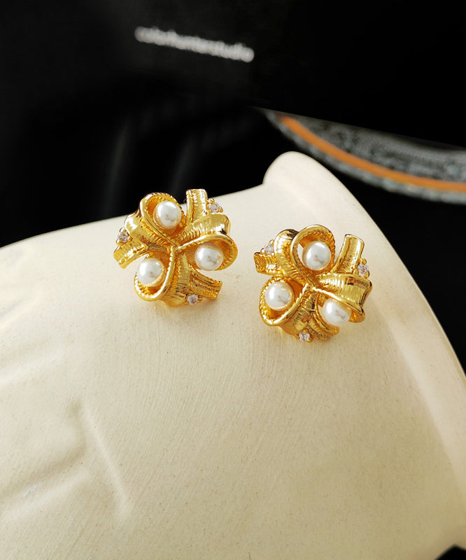 Women Gold Copper Pearl Glass Stud Earrings