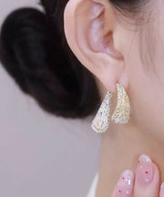 Women Gold Copper Overgild Zircon Leaves Hoop Earrings
