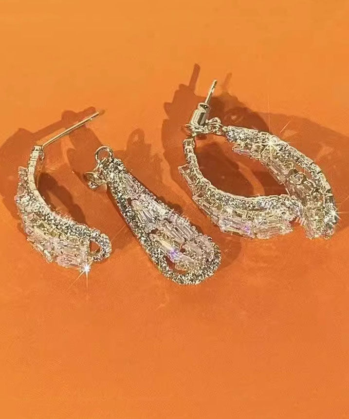 Women Gold Copper Overgild Zircon Leaves Hoop Earrings