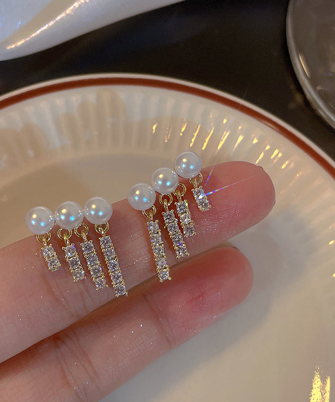 Women Gold Copper Overgild Zircon Pearl Drop Earrings