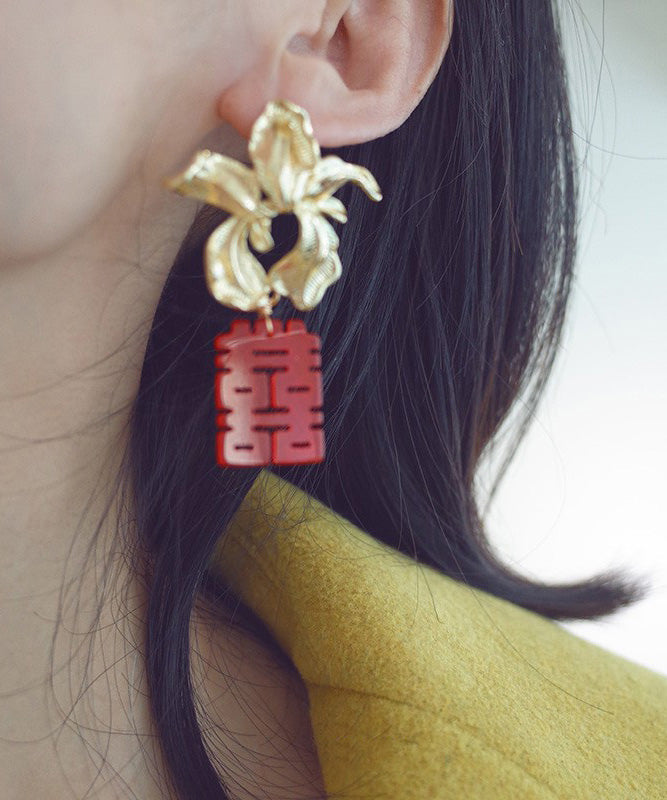 Women Gold Floral Red Letter Drop Earrings