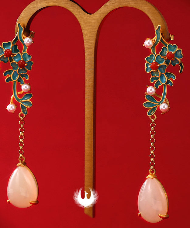 Women Gold Sterling Silver Jade Pearl Agate Floral Tassel Drop Earrings