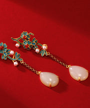 Women Gold Sterling Silver Jade Pearl Agate Floral Tassel Drop Earrings