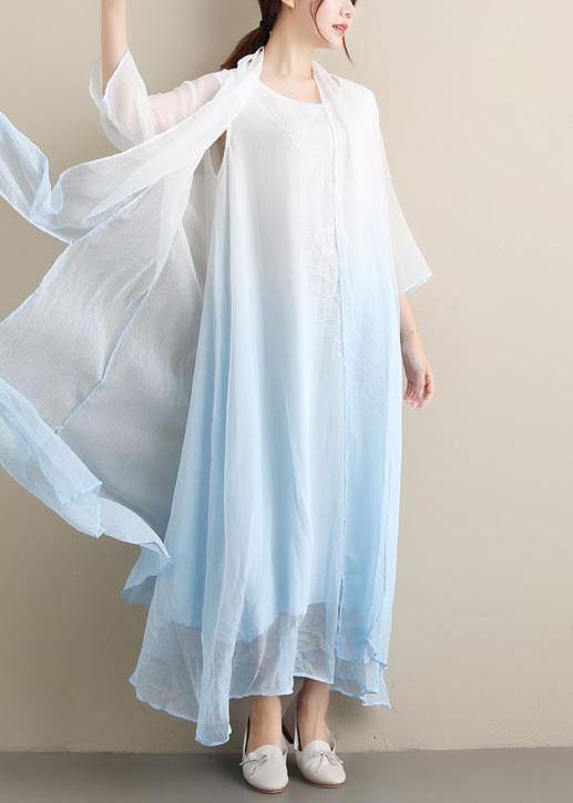 Women Gradient Blue Clothes O Neck Two Pieces Robes Summer Dresses - SooLinen