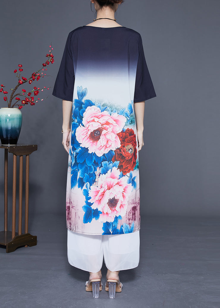 Women Gradient Color O-Neck Floral Print Silk Vacation Dresses Half Sleeve